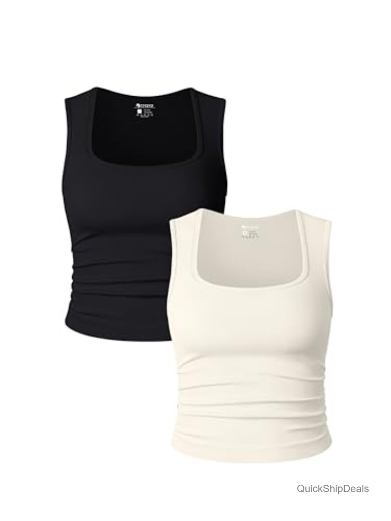 2 Pack Crop Tanks Square Neck Lace Trim Sleeveless Basic Tees